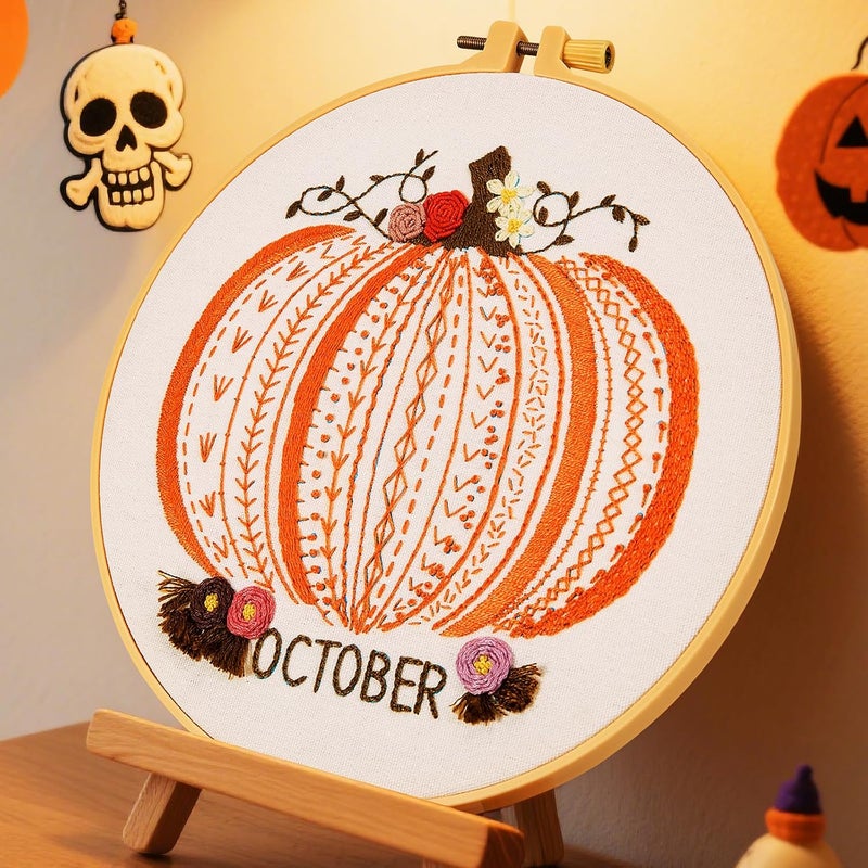 Crafmanoe Easy Beginners Embroidery Stitches Practice Kits for Adults, Fall Pumpkin Embroidery Starters Kits for Beginners to Learn 26 Stitches, Autumn Hand Embroidery Set Craft for Women & Video Tutorial - Image 1